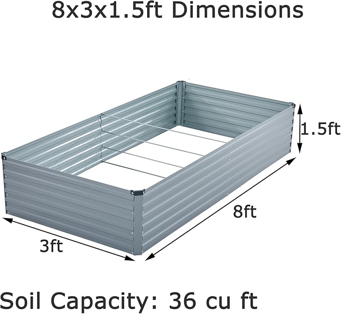 8x3x1.5ft Galvanized Raised Garden Bed,Outdoor Planter Box Metal Patio Kit Planting Bed for Vegetables Flowers Herb,Grey