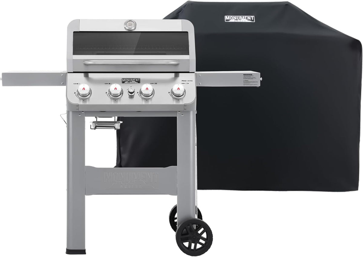 Monument Grills 4-Burner Liquid Propane Gas Grill, Silver Stainless Steel Grill Patio Garden Barbecue Grill with Clearview® Lid and One Foldable Shelf, Mesa400MF with BBQ Cover