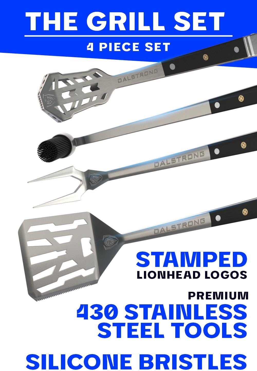 DALSTRONG 4-Piece Professional BBQ Pitmaster Grill Set - Premium High-Carbon Stainless Steel Grilling - 18 inch Length - Silicone Brush, Spatula, Tongs, Fork - G10 Handles