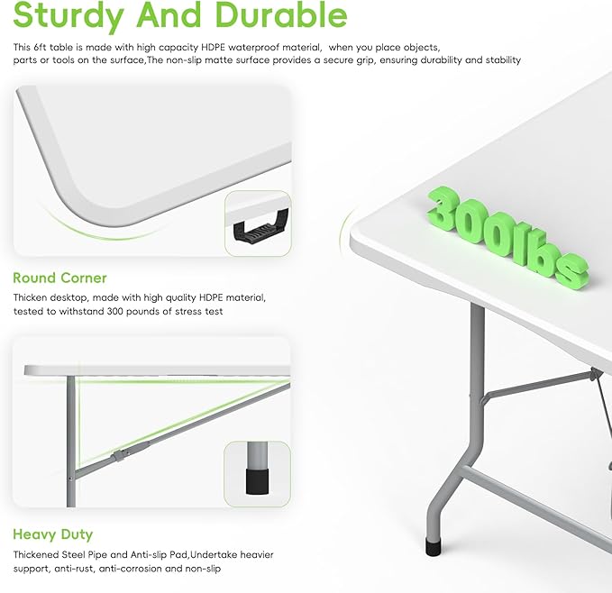 HLPB Folding Table Picnic Table 2 Pcs, 6 ft Portable Camping Table with Handle and Safety Locks, Foldable Table Plastic Dining Table Indoor Outdoor for Camping, Picnic and Party