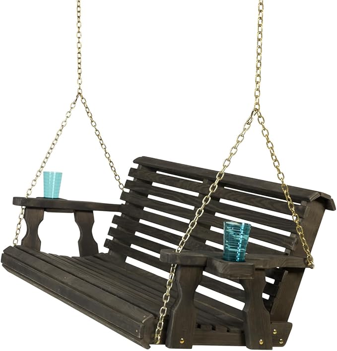 Amish Casual 5 Foot Roll Back Porch Swing with Cup Holders in Semi-Solid Black Stain - Amish Made in The USA from Treated Pine Heavy Duty 700 Lb. Weight Capacity