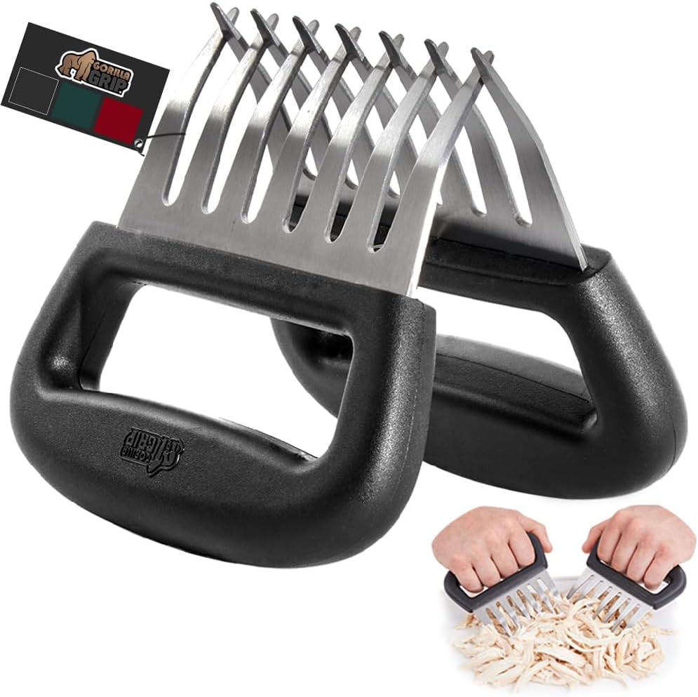 GORILLA GRIP BPA-Free Chicken Shredder Meat Claws, Sharp Stainless Steel Food Shredding Fork, Comfortable Handle, Easily Shred Pulled Pork, Taco Meats, Kitchen Smoker BBQ Tool, Dishwasher Safe, Black