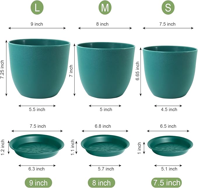 9/8/7.5 inch Flower Pots, 3 Pack Modern Plastic Planters with Drainage Holes and Trays for House Plants, Plant Pots for Indoor Outdoor Plants, Blue Green