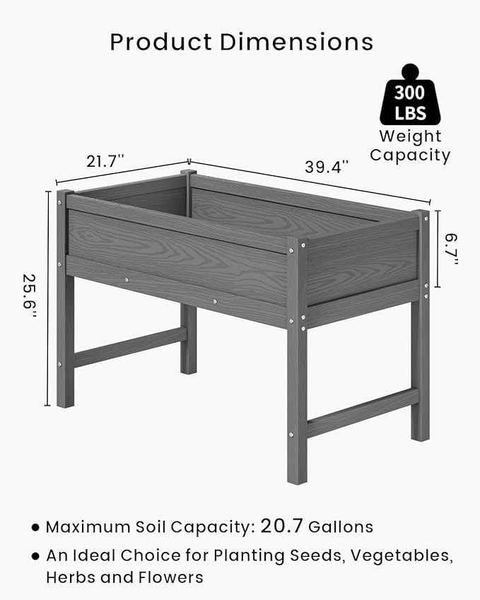 HDPE Raised Garden Bed with Legs, Outdoor Weather-Resistant Elevated Planter Box Stand for Seeds, Herbs, Flowers, Vegetables (Grey)