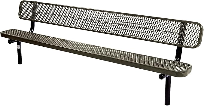 Heavy-Duty Outdoor Bench Thermoplastic Coated, Expanded Metal, Commercial-Grade Seating, Made in America (Inground with Back, 8 Ft, Textured Gold Vein)