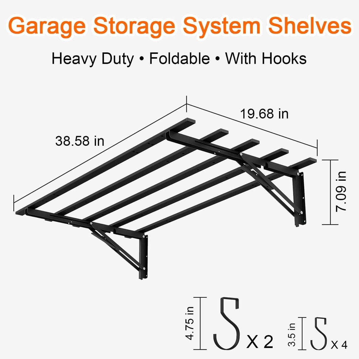 Garage Storage System Shelves 3.21x1.64 ft - Heavy Duty Garage Wall Shelving with Hooks, Foldable Storage Shelving Wall Mounted Install, Versatile Hanging Shelves & Black Metal Floating Organizer