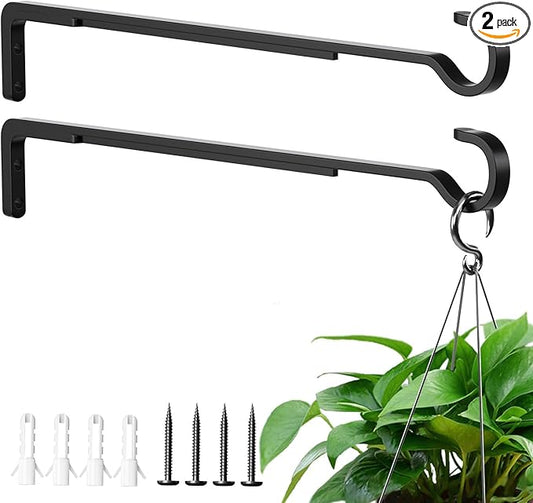 15 Inch 2 Black Pack Heavy Duty Outdoor Plant Hangers for Hanging Baskets, Iron Hanging Plant Brackets for Hanging Plants Outside, Metal Plant Hooks Plant Wall Hooks for Hanging Lantern, Bird Feeder