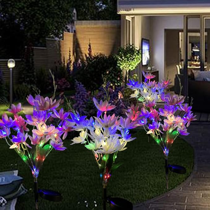 GUOCHENG 4 Pack Solar Flower Lights Outdoor Garden, Denser 5-Head Snow Lotus Solar Flower Decor, 4-Color Light & 2 Lightning Modes for Outside Yard Patio Cemetery Decorations(Colorful)