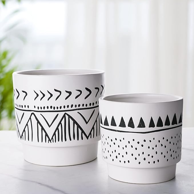 Boho 6 Inch Ceramic Plant pots, Geometric Ceramic Embossed Flower Pots Indoor with Drainage Holes, 2 Set Minimalistic Planters for Indoor and Outdoor Plants(Beige&Black)