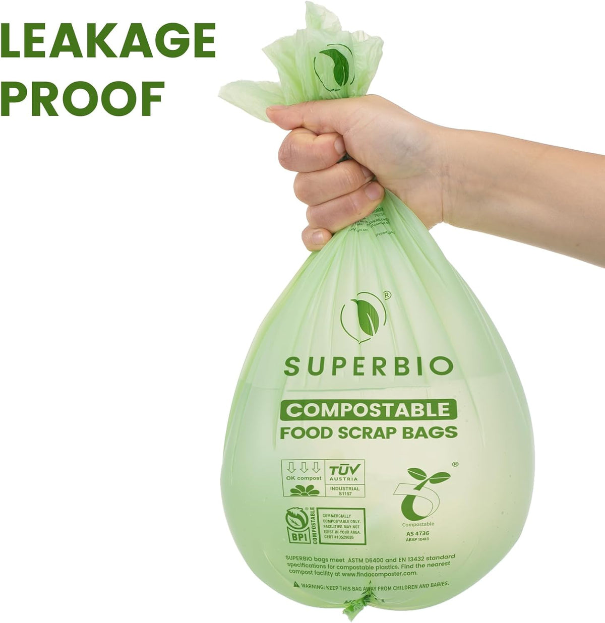 SUPERBIO 2.6 Gallon Flat Top Compostable Food Waste Bags, 100 Count, 2 Pack,9.84L, Food Scrap Bags, BPI Certified and OK compost INDUSTRIAL