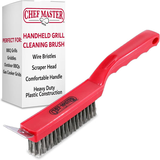 Chef Master Grill Brush & Scraper, Heavy Duty Plastic Handheld Grill Cleaning Brush, Scraper Head with Tough Wire Bristles Grill Brush for Grill Grates, Outdoor BBQ Grill & Grilling Accesories - 90044