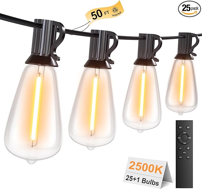 50FT Outdoor String Lights with Remote, Garden Patio Decor with 2500K Warm White, 25+1 LED Edison Bulbs, Support Timer Dimmable Waterproof Shatterproof for Yard Outside Porch Deck Indoor