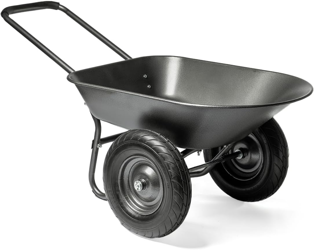 XtremepowerUS Utility Garden Wheelbarrow Garden Cart Dual-Wheel Built-in Stand Flat-Free 16" Tires 330 LBS Capacity 5 cu/ft. Metal Tray