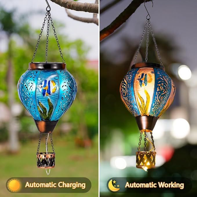 Blue Fish Hot Air Balloon Solar Lantern with Flickering Flame Hanging Solar Lanterns Outdoor Waterproof,LED Metal Hot Air Balloon Lights for Patio Yard Garden Decor,Mother Day Gifts for Women