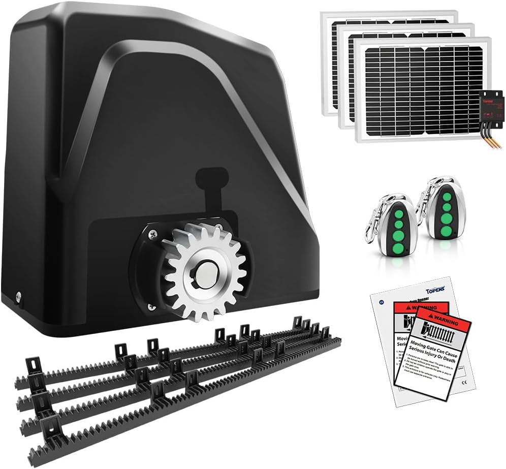 TOPENS DKR1100ST Solar Sliding Gate Opener Rack Drive Automatic Gate Motor for Heavy Driveway Slide Gates Up to 2600 Pounds, Electric Gate Operator Battery Powered with Solar Panel Remote Control Kit