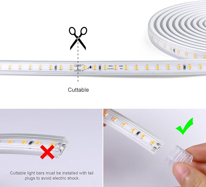 AIMENGTE Plug in LED Strip Lights for House, Led Lighting for Garden Yard Lawn Under Cabinet Patio Wardrobe Backyard, AC 110V, 240LEDs, 3000k LED Rope Lights (6.6ft, Warm White)