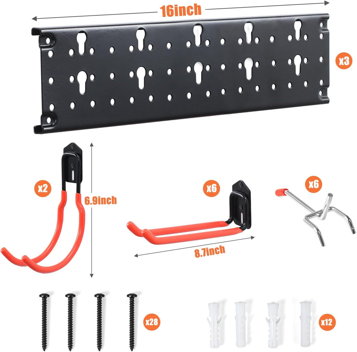 Ultrawall Multi-Storage Garage Hooks, Utility Rack with Multiple Installation Methods, Wall-Mounted Garden Tool Organizer System for Shovels, Rakes, Ladders,17pcs