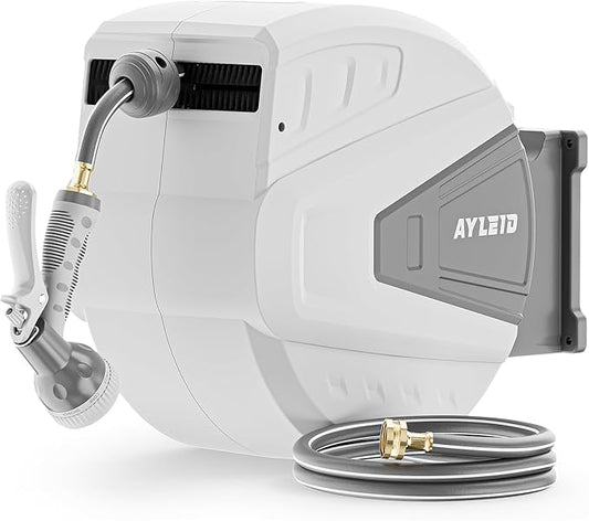 Ayleid Retractable Garden Hose Reel,1/2 in x 130 ft Wall Mounted Hose Reel, with 9- Function Sprayer Nozzle, Any Length Lock/Slow Return System/Wall Mounted/180°Swivel Bracket (Grey)