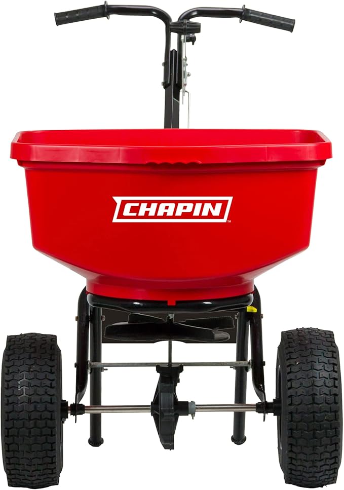 Chapin 8303C Made in the USA 100 lb. Contractor Turf Broadcast Spreader with Enclosed Gears System, Rugged Powder Coated Steel Frame, 12 Inch Tire, Includes Rain Cover and Grate, Red