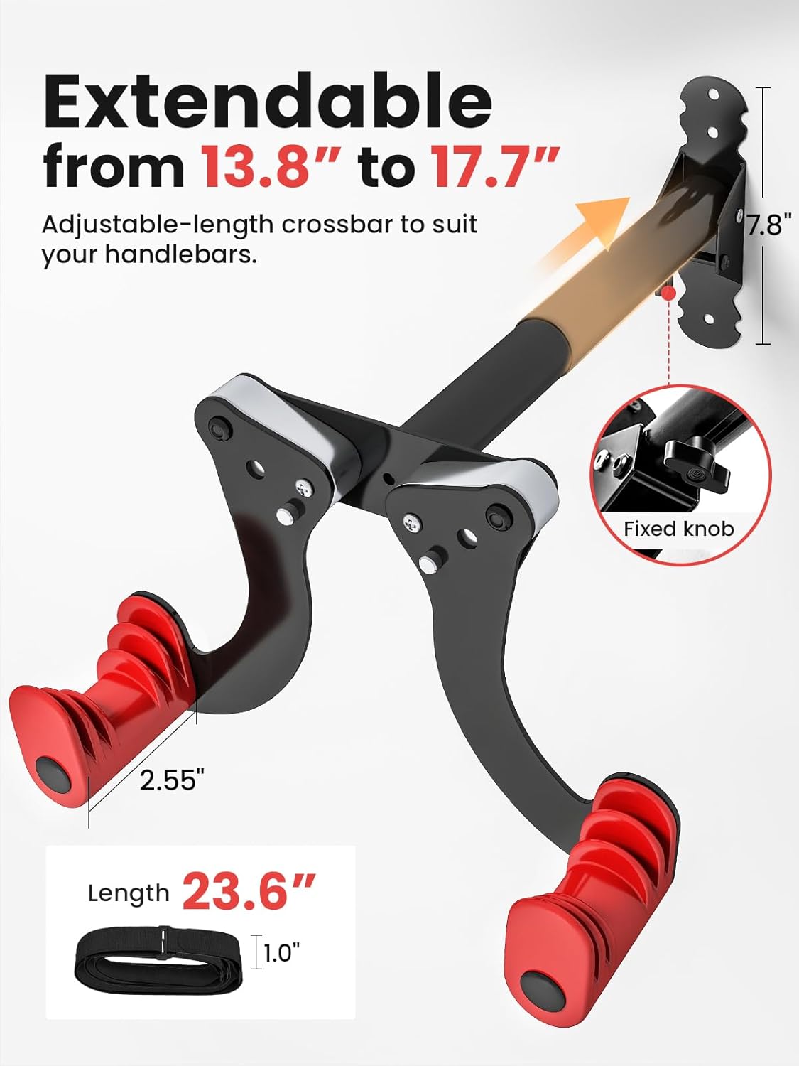 YORKING Bike Wall Mount, Horizontal Wall Mount Hanger Holds Up to 55Lbs Bike Indoor Storage Rack Hook with 5 Adjustable Levels, Extends to Fit 32.6" Handlebars for 1 Bicycle in Home Garage – Red
