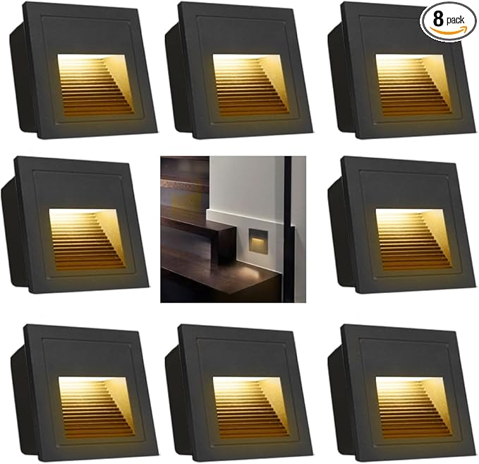 8Pack 3W LED Recessed Wall Light, 85-230V Step Lights Warm White 3000K, IP65 Waterproof Stair Light Staircase Light lamp, Inside Outside Garden Balcony Corridor, Aluminum, 120V,Black