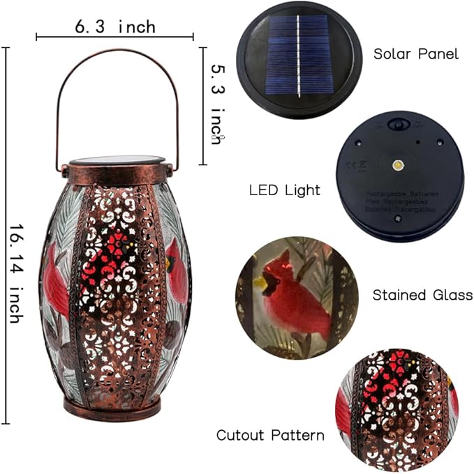 2PCS Cardinal Solar Lanterns Glass & Metal Hanging Light Outdoor Waterproof 16" H Tabletop Lamp with Hollowed-Out Design with Shepherd's Hooks for Garden Patio Table Decor