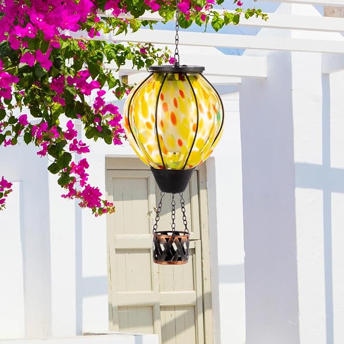 2PCS Hot Air Balloon Solar Lanterns with Flickering Flame,Yellow Glass Hanging Solar Lanterns Outdoor Waterproof Hot Air Balloon Light for Patio Tree Yard Garden Decor,Garden Gift for Women