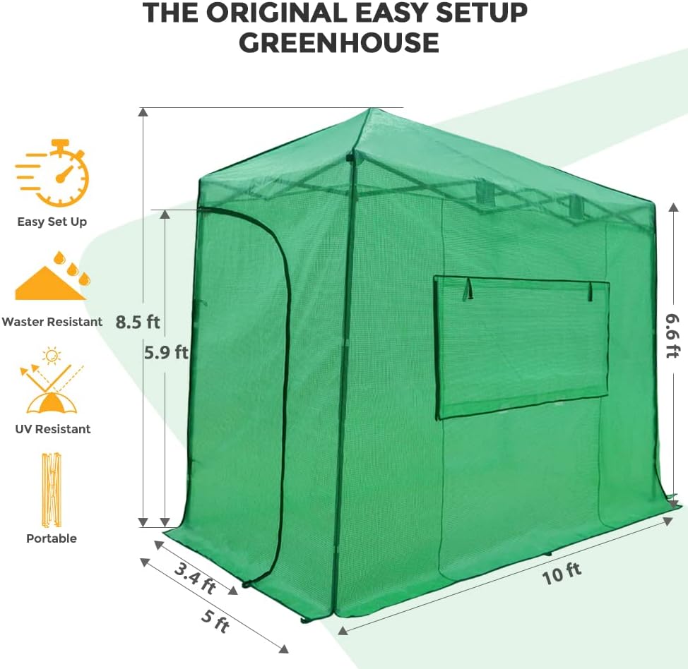 EAGLE PEAK 10x5 Lean to Portable Walk-in Greenhouse, Pop Up Indoor Outdoor Garden Green House, Zippered Doors and Window, PE Cover, Green