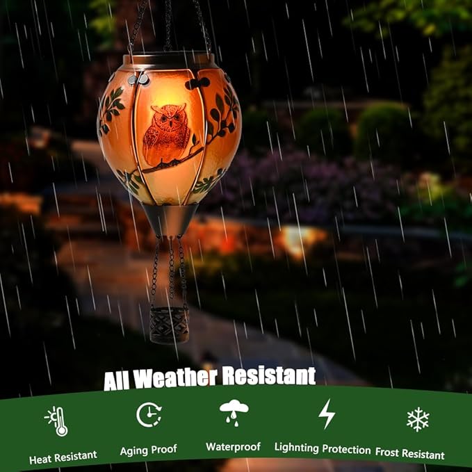 Hot Air Balloon Solar Lantern - Owl Bird Stained Glass Lantern with Simulated Flickering Flame, Outdoor Hanging Yard Light Waterproof IP65 & Weather Resistant for Patio Lawn Porch Decor Gfit
