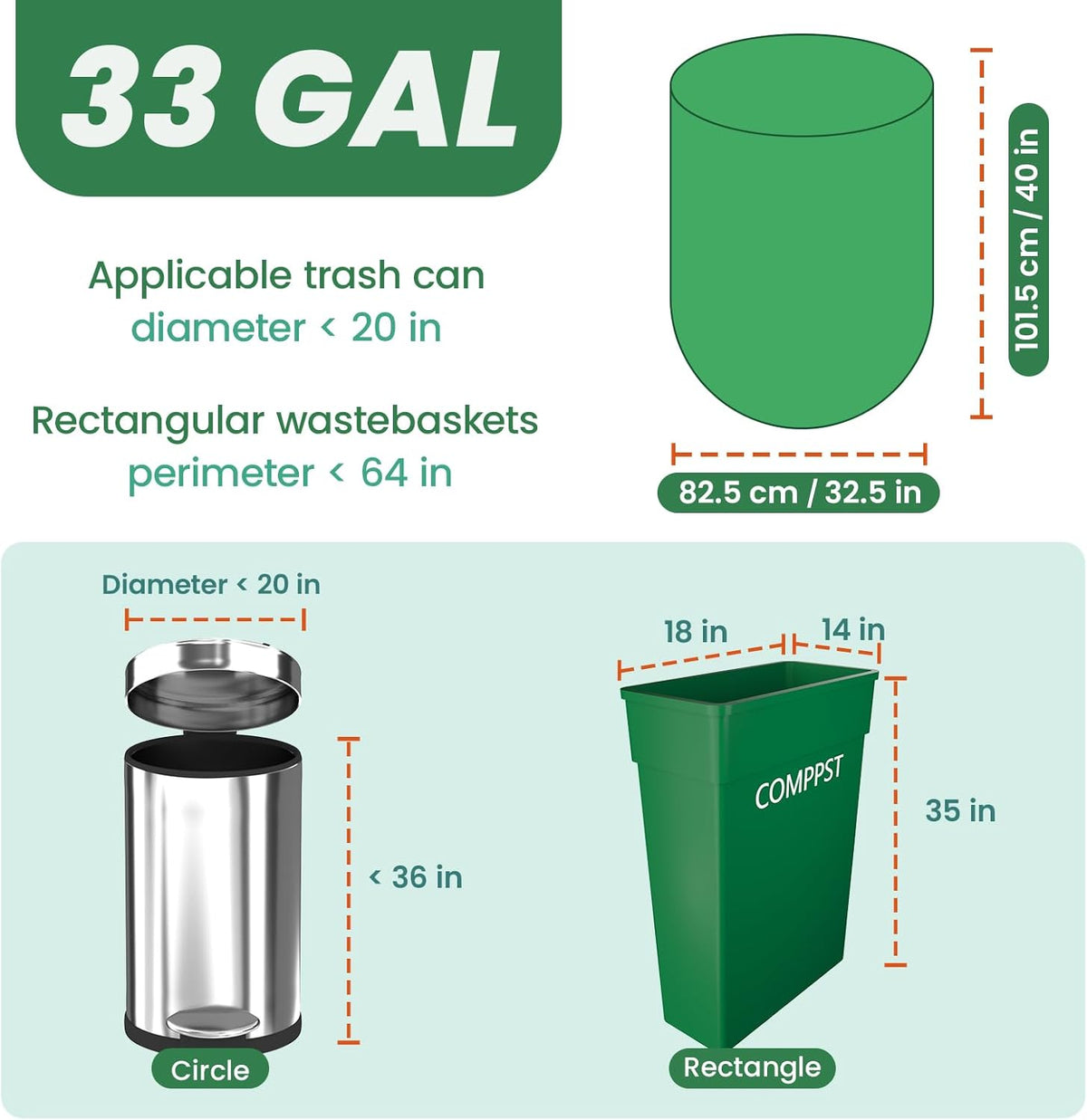 Compostable 33 gallon Large Garbage Bags,15 Count, Fits 33-36 gallon trash can, Extra Strong and Durable,Compostable Lawn & Leaf Yard Waste bags,ASTM D6400,Bpi Certified&OK compost HOME certified