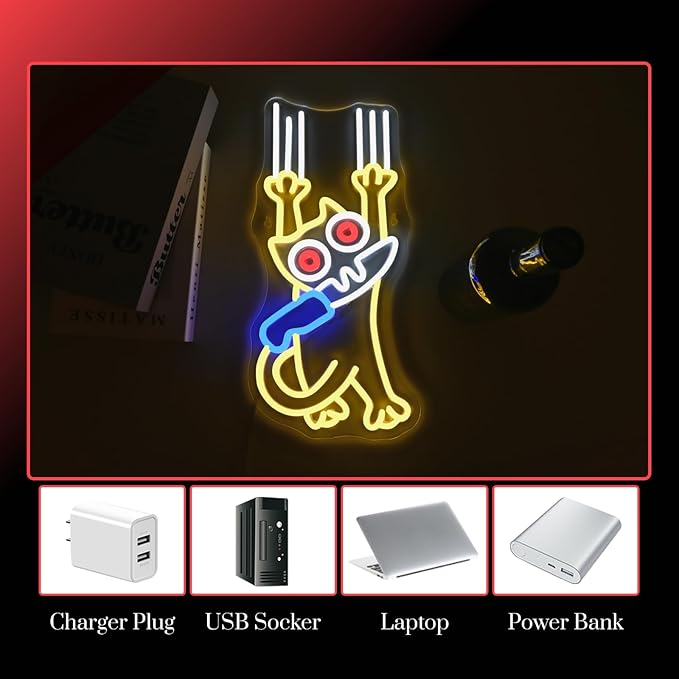 Cat Kinfe Neon Sign Dimmable Cute Cat Led Signs for Wall Decor LED USB Powered Animal Neon Light Sign for Bedroom Coffee Restaurant Kitchen Decoration Birthday Gifts