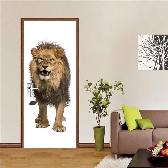 3D Peel and Stick Murals - Lion - Wallpaper Self-Adhesive Decals - Removable PVC Waterproof Door Poster for Bedroom Living Room Decoration - 37.4 x 84.6 inch