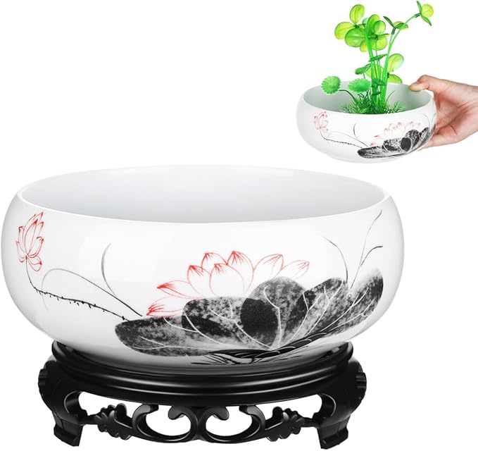 Ceramics Water Lily Bowl with Stand Chinese Style Hydroponic Planter Pot Round Narcissus Flowerpot Bonsai Daffodil Planting Container Garden Decoration 7 Inch