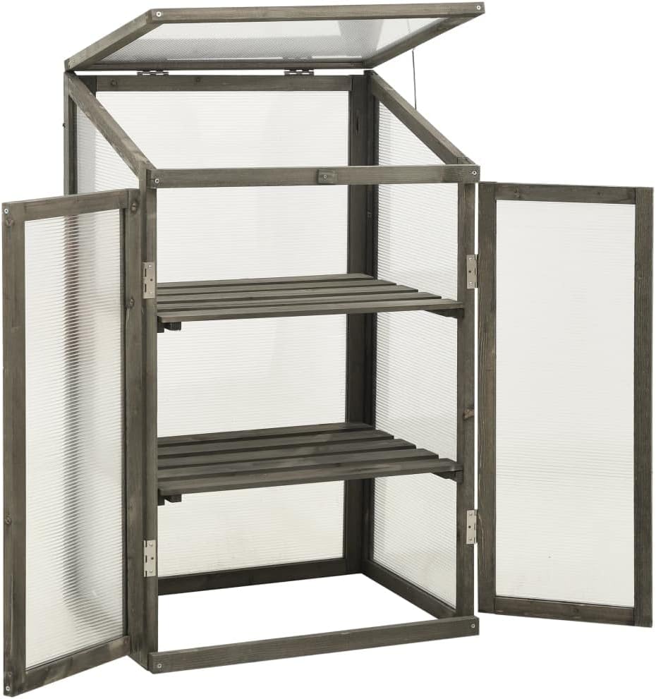 Solid Firwood Garden Portable Wooden Greenhouse with 2 Shelves and Open Bottom, Mini Greenhouse Cabinet 23.6"x17.7"x39.4"/Gray