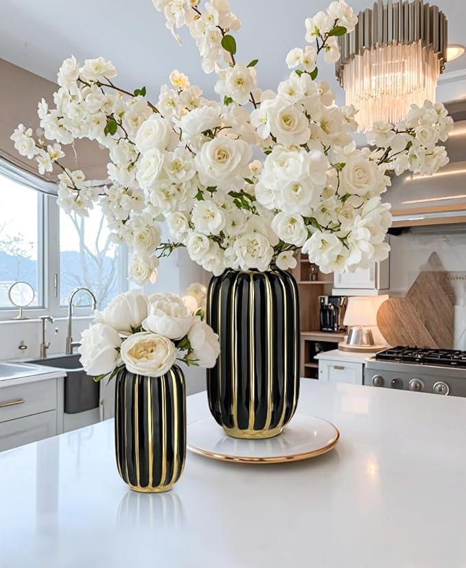 Briful Gold Plated Lantern Ceramic Vase Home Decor Creative Design Porcelain Decorative Flower Vase 8.66'' Black Ceramic Vases for Wedding Anniversary Decoration