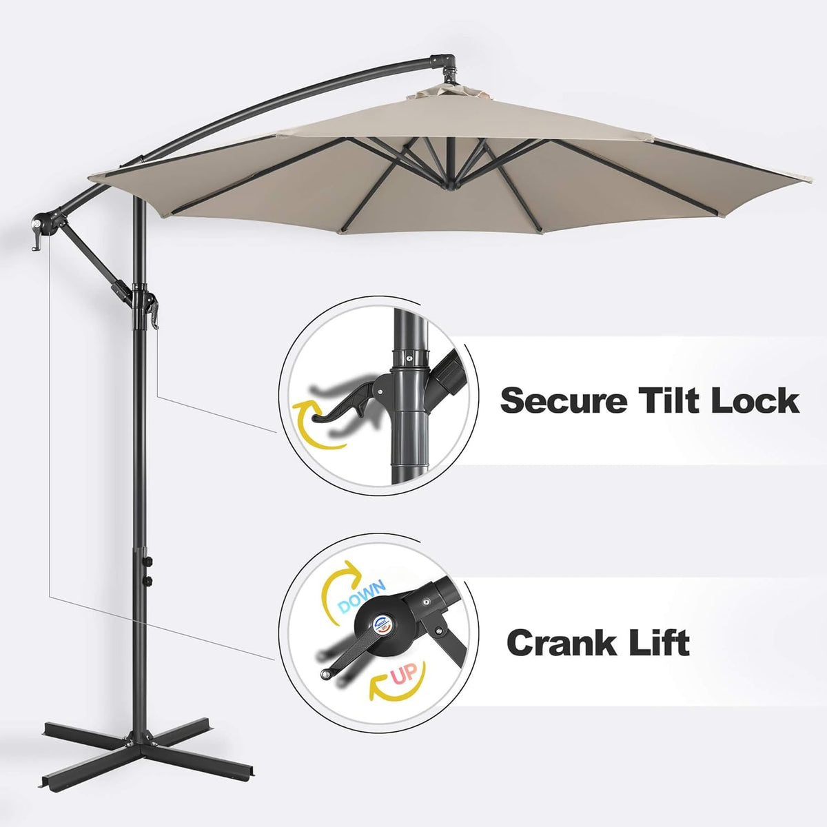 FLAME&SHADE 10ft Cantilever Patio Umbrella Outdoor, Large Offset Umbrella with Crank and Cross Base, UPF 50+ UV Protection Hanging Umbrella for Pool Deck Garden, Taupe