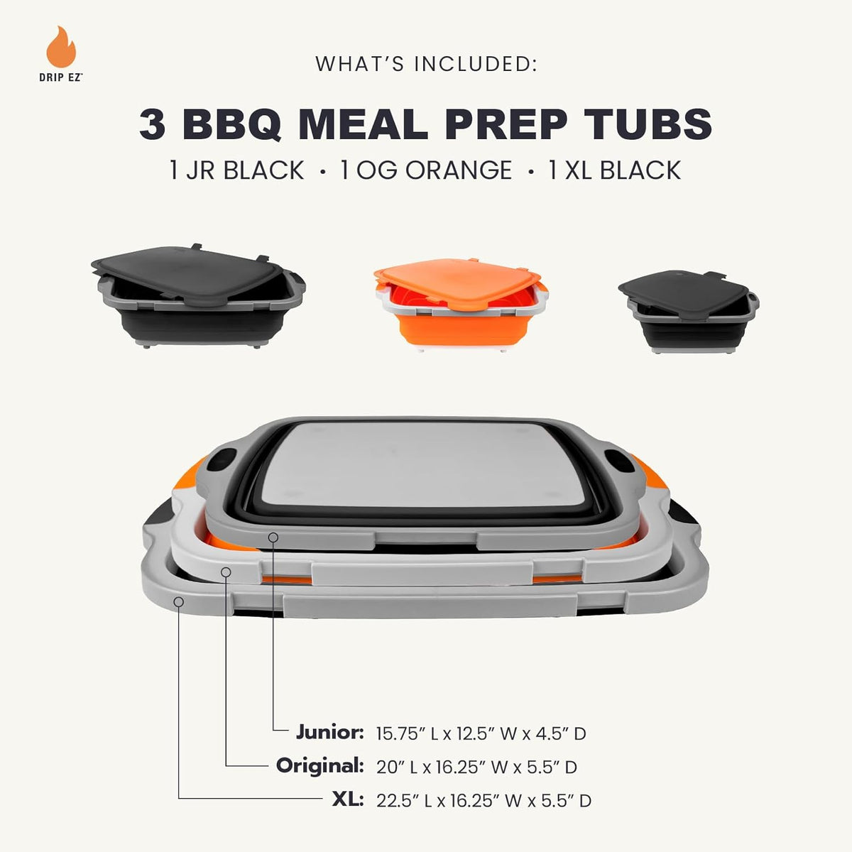 Drip EZ Collapsible BBQ Prep Tubs 3-Piece Set- For Meal Prep Marinating Food Storage - Includes Cutting Board & Lid - (1) JR - Black + (1) OG - Orange + (1) XL - Black