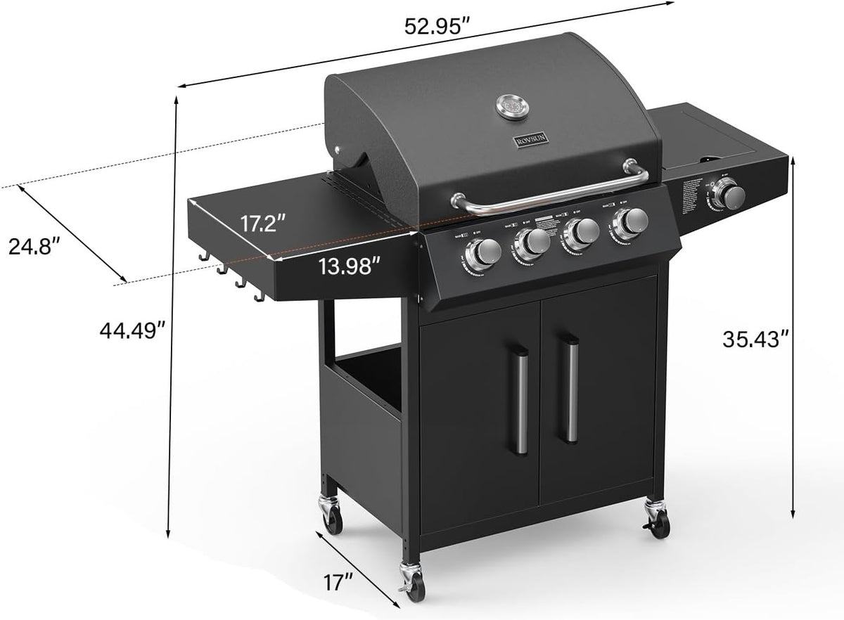ROVSUN 4-Burner Propane Gas BBQ Grill with Side Burner & Enameled Cast Iron Grates, 58,000 BTU Barbecue Grill with Wheels for Outdoor Patio Backyard Cooking Grilling, Black