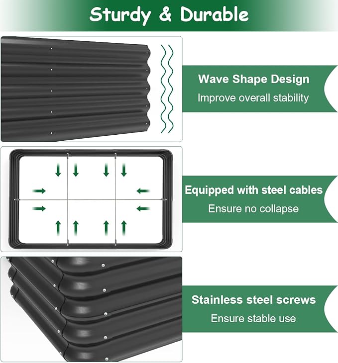 4.3x3x1 FT Raised Garden Bed with Steel Cable, Elevated PP Planter Box Stand for Gardening, Backyard Patio Ground Raised Bed for Planting Vegetables Flower Herb and Succulents, Black