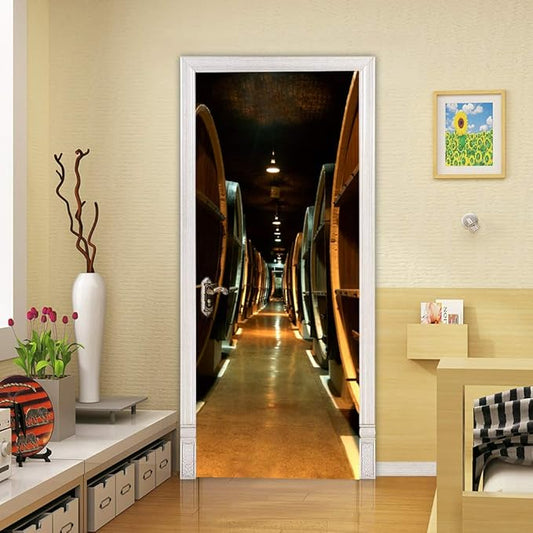 3D Door Stickers Murals - Peel & Stick Wine Cellar Theme - Removable PVC Waterproof Door Poster, 33.9" x 78.7" for Bedroom & Living Room