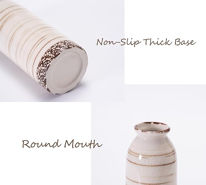 Beige Ceramic Vase Set of 3, Farmhouse Decorative Vase for Pampas Grass, Living Room, Bathroom, Bookshelf, Centerpieces Beige