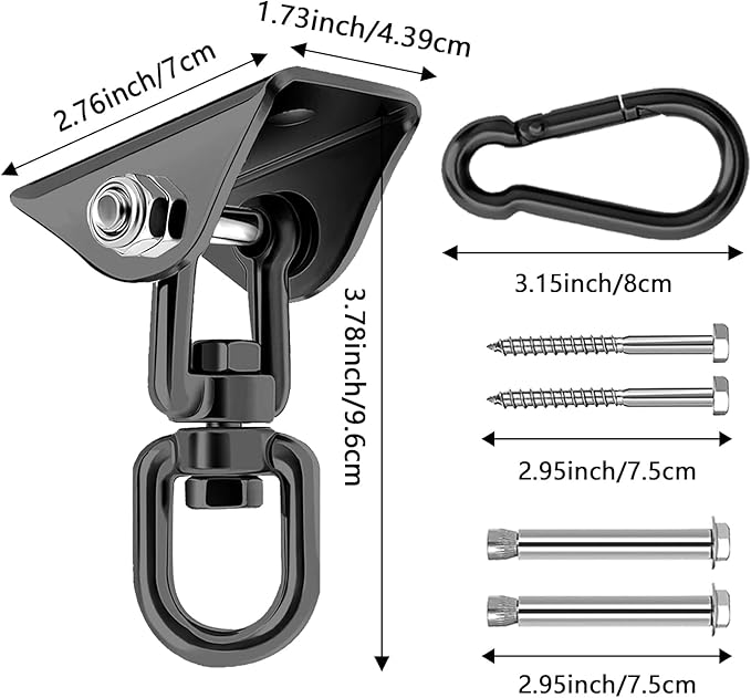 Heavy Duty Hammock Hanging Kit, 360° Rotating 1200 lb Swing Hangers for Hammock Chair Stand, Seat, Porch Swing, Yoga, Tree, Ceiling Mount, Indoor Outdoor Hanging Hardware Black | Pack of 2