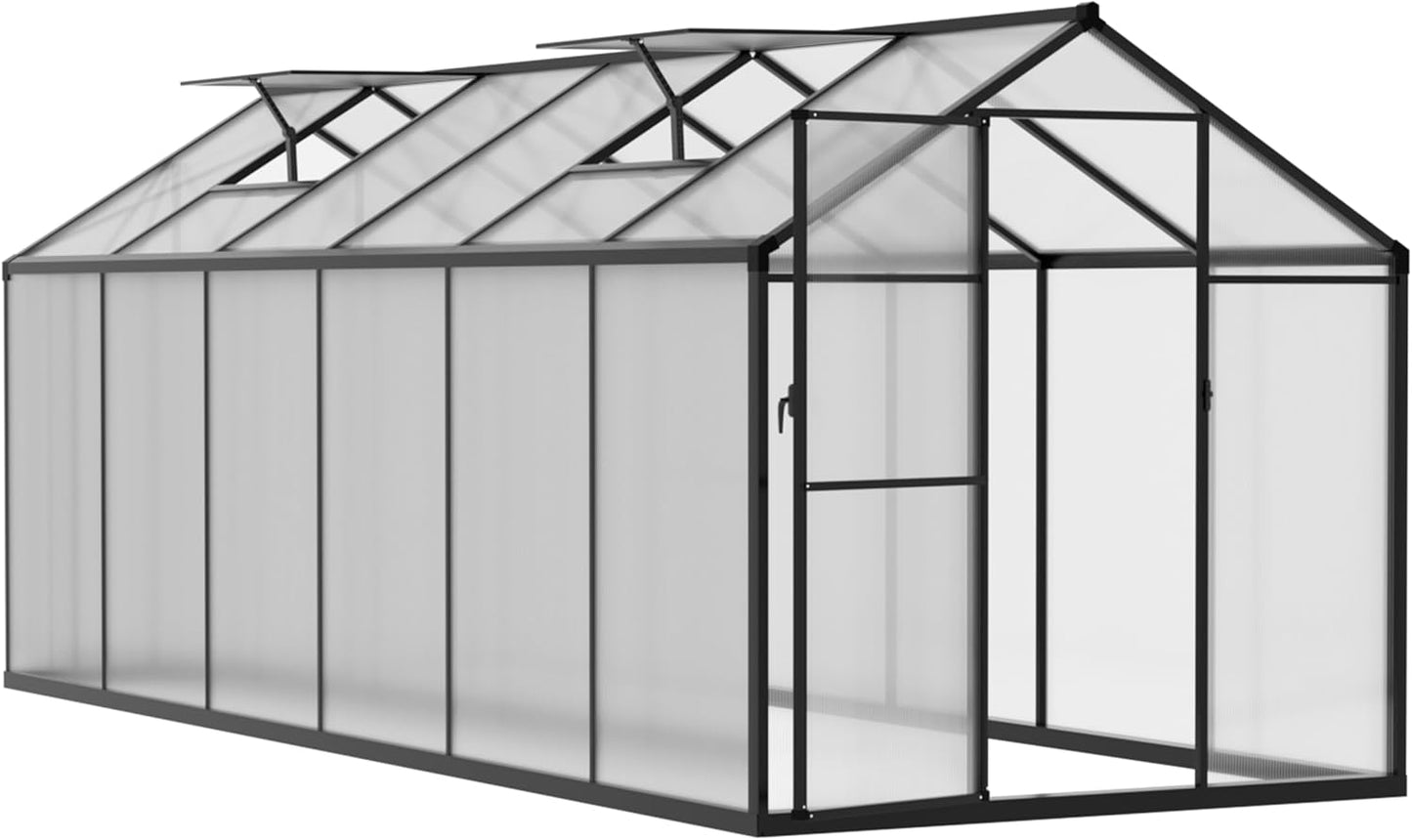 6x12 FT Polycarbonate Aluminum Greenhouse, Outdoor Walk-in Green House Kit with 2 Adjustable Roof Vents and Lockable Door, Backyard Garden in Winter, Gray