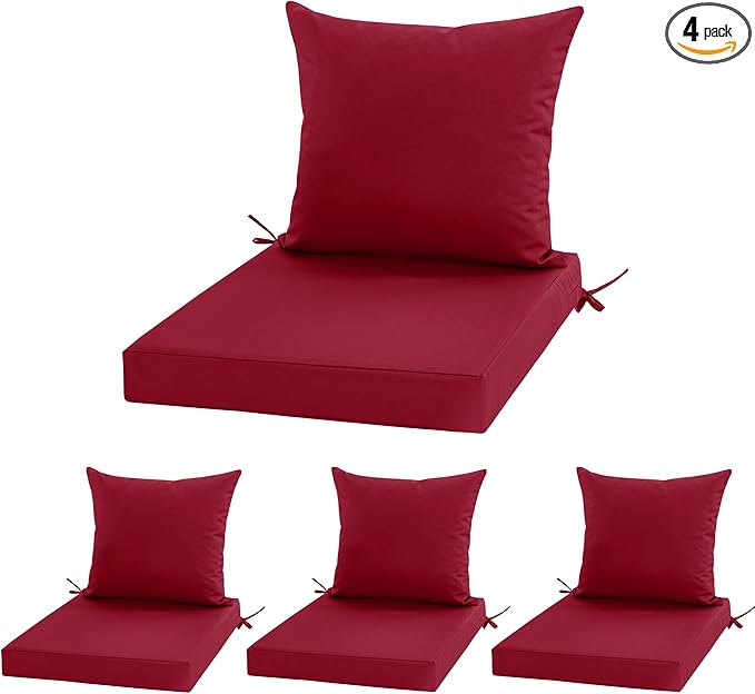 24x24 Inch Outdoor Cushions for Patio Furniture, Waterproof Outdoor Chair Cushions w/Fade-Resistant, Removable & Machine-Washable Covers, Deep Seat Sofa/Couch Pad Replacement – Set of 4, Burgundy