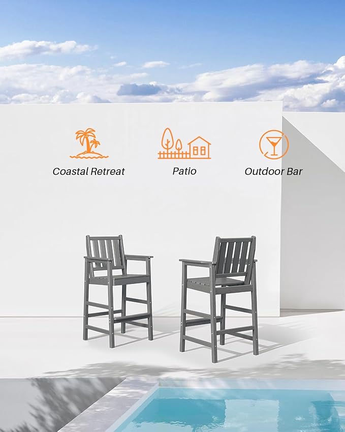 3 Pieces HDPE Outdoor Patio Bar Set, Rectangular Bar Height Table and Chairs Set, Patio Bar Stools Set, HDPE Outdoor Bar Table and Chairs Set for Balcony, Poolside, Porch, Smoke Gray