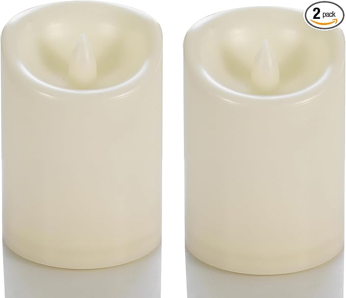 CANDLE CHOICE Waterproof Outdoor Battery Operated Flameless Candles with Timer Flickering Plastic Resin Electric LED Pillar Lights for Lantern Patio Garden Wedding Party Decorations 3x4 Inches 2 Pack