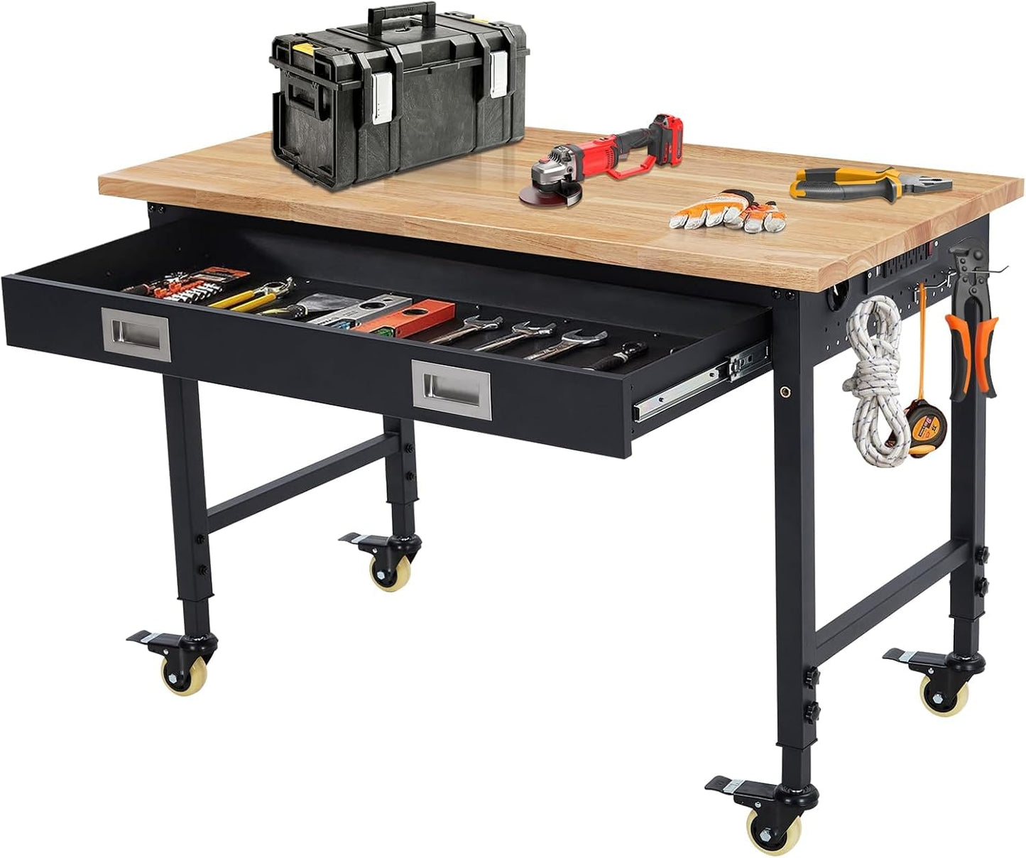 48'' Adjustable Workbench, Heavy Duty Workbench with Drawer, Power Outlet and Lockable Wheels, 2000 LBS Capacity, Work Table Suitable for Office, Garage, Workshop