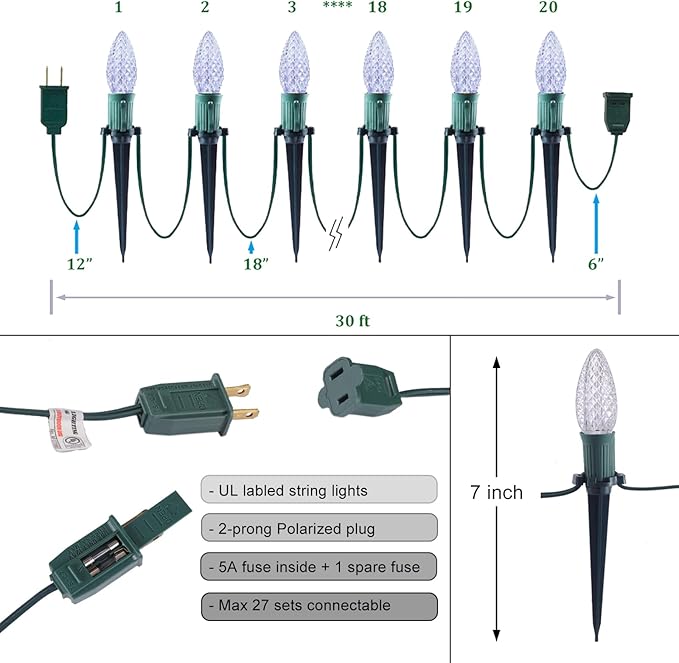 C9 Christmas Pathway Lights with Stakes,Cold White,30 Ft 20 Strawberry LED Bulbs,Connectable Shatterproof Outdoor Lights Marker for Xmas Yard Garden Path Lawn Walkway Sidewalk