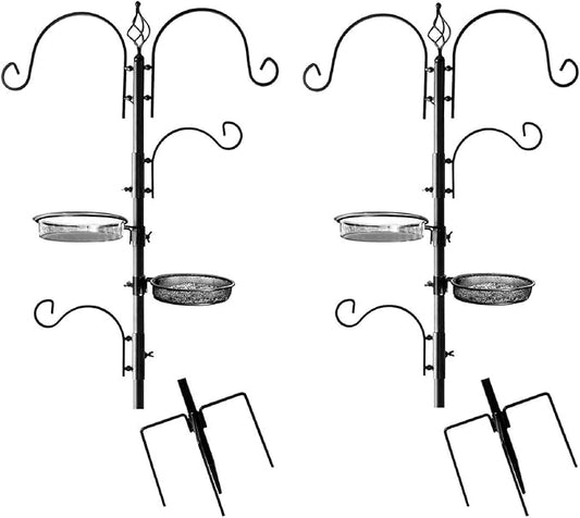 Ashman Deluxe Bird Feeding Station (2 Pack) for Outside - Multi Feeder Pole Stand Kit With 4 Hangers, Bath and 3 Prong Base for Attracting Wild Birds - 22 Inch Wide x 92 Inch Tall