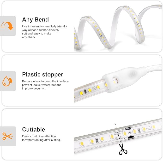 AIMENGTE Outdoor LED Strip Lights Waterproof, AC 110V, 1200LEDs, 6500k LED Rope Bright Lights for Garden, Patio, Indoor Under Cabinet Home Christmas Decoration(32.8ft, Cool White)
